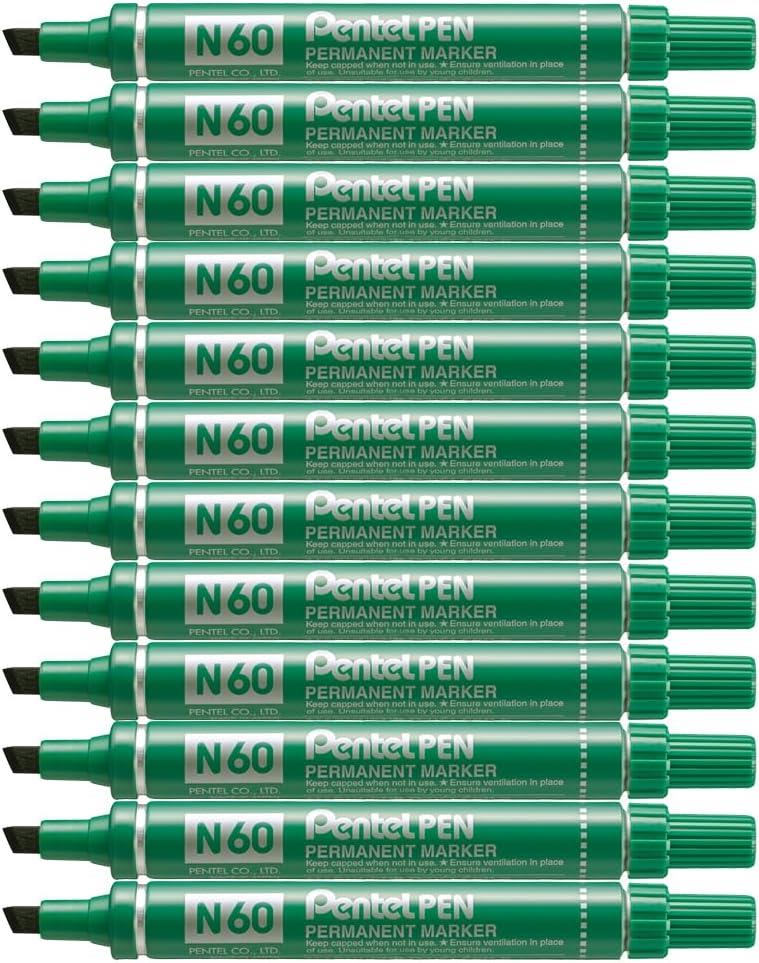 Pentel N60 Permanent Marker Green Chisel Tip Marker Pens Pack of 12