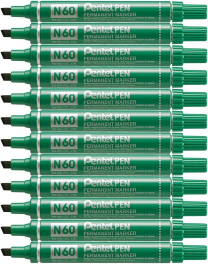 Pentel N60 Permanent Marker Green Chisel Tip Marker Pens Pack of 12