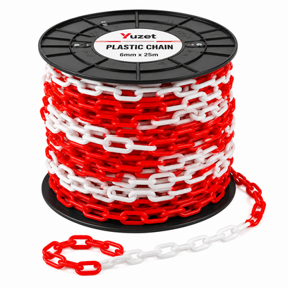 Yuzet Red White Plastic Barrier Chain 6mm x 25m Safety Crowd Control Chain