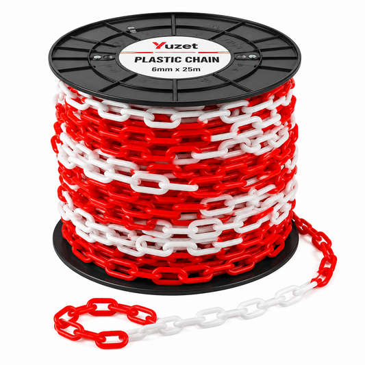 Yuzet Red White Plastic Barrier Chain 6mm x 25m Safety Crowd Control Chain