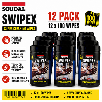 12 x Soudal Swipex Wipes Trade Hand & Surface Cleaning Wipes Tub of 100 Heavy Duty