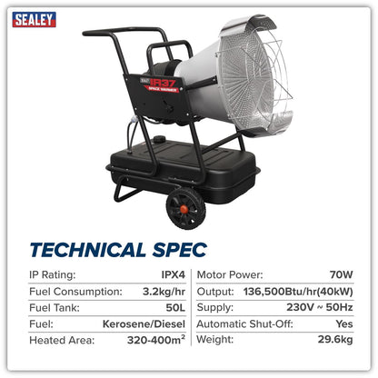 Sealey IR37 Space Warmer Infrared Kerosene/Diesel Heater with Wheels 136,500Btu/hr | 136,500Btu/hr(40kW), 230V ~ 50Hz, Overheat Protection