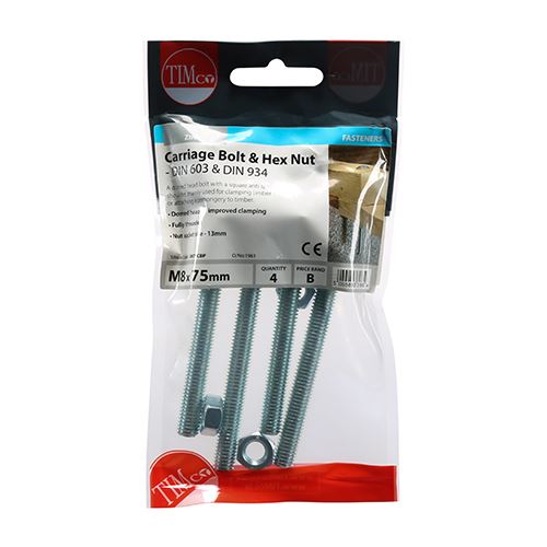 TIMCO Carriage Bolt & Hex Nut - BZP M8 x 75 Silver Pack 4