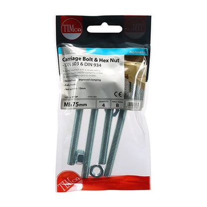 TIMCO Carriage Bolt & Hex Nut - BZP M8 x 75 Silver Pack 4