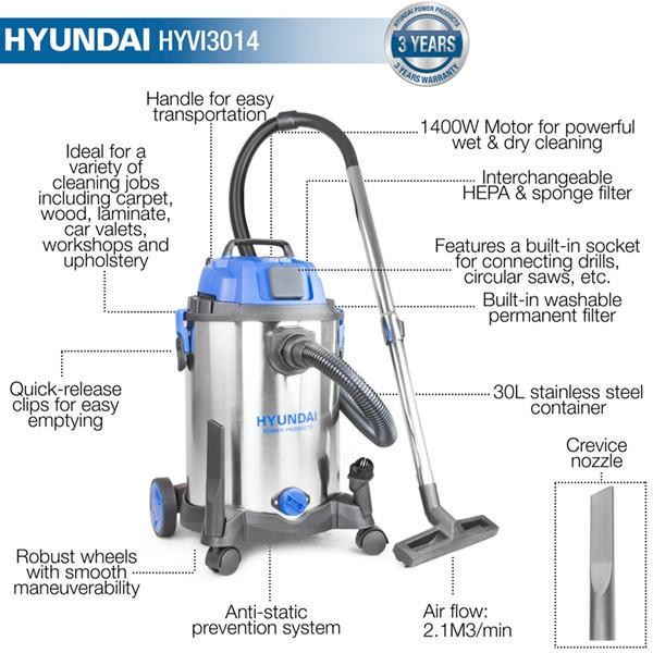 Hyundai HYVI3014 Electric Vacuum Cleaner 30L 19kPa HEPA Wet Dry Vac 1400W 3 in 1 Wet Dry Vacuum Workshop Vac Workshop Wet Dry Vac