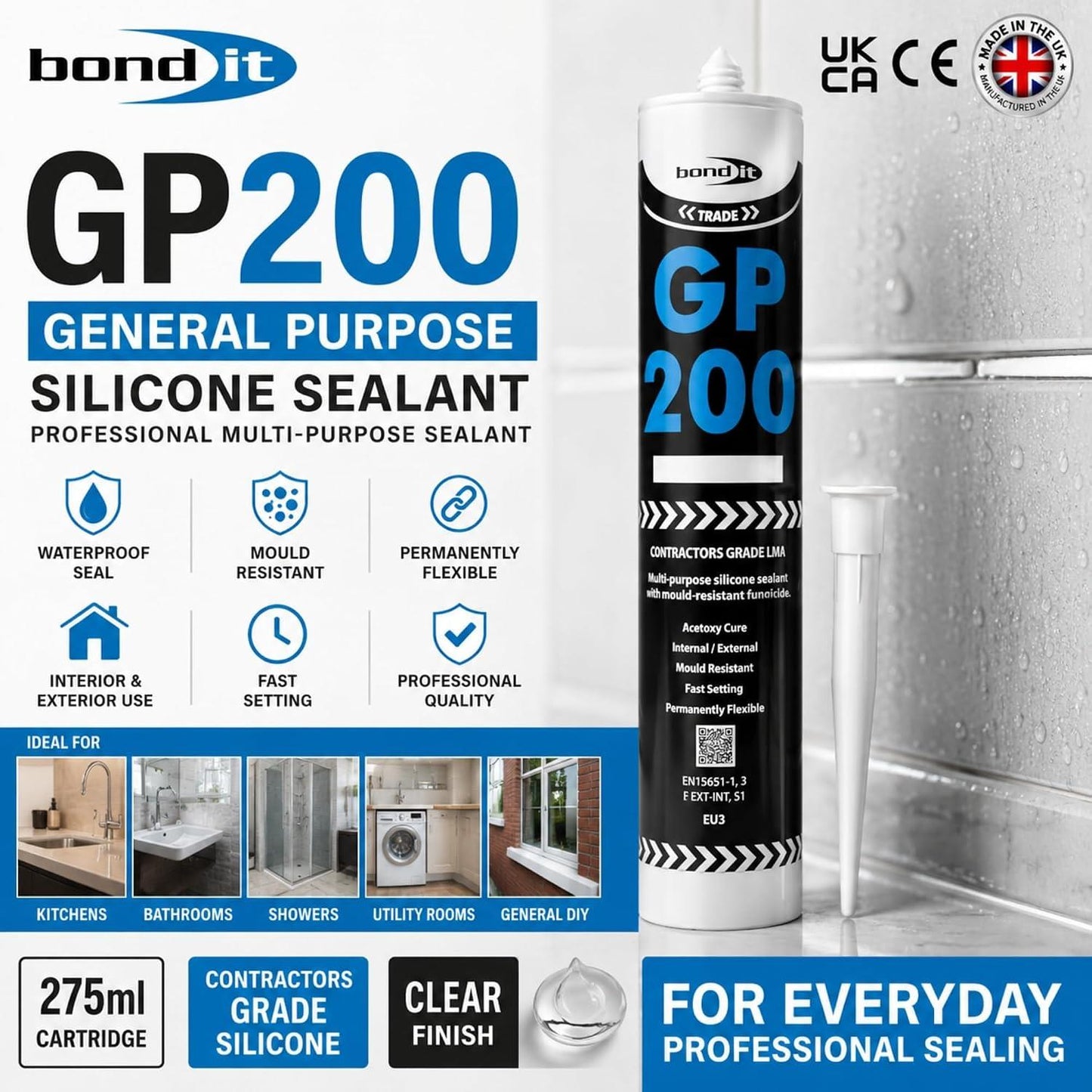 Bond It GP200 General Purpose Silicone Sealant 275ml – All Colours – Waterproof, Fast Setting and Mould Resistant for Interior and Exterior Use