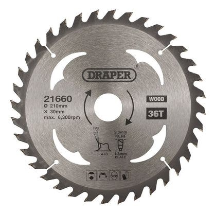 Draper TCT SAW BLADE 210MM 36T WOOD 21660 TCT Circular Saw Blade for Wood, 210 x 30mm