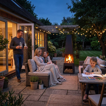 Dellonda DG107 Outdoor Chiminea Fireplace Fire Pit Heater Firewood Storage Black Steel | Stylish chiminea is perfect for relaxing outdoors with family