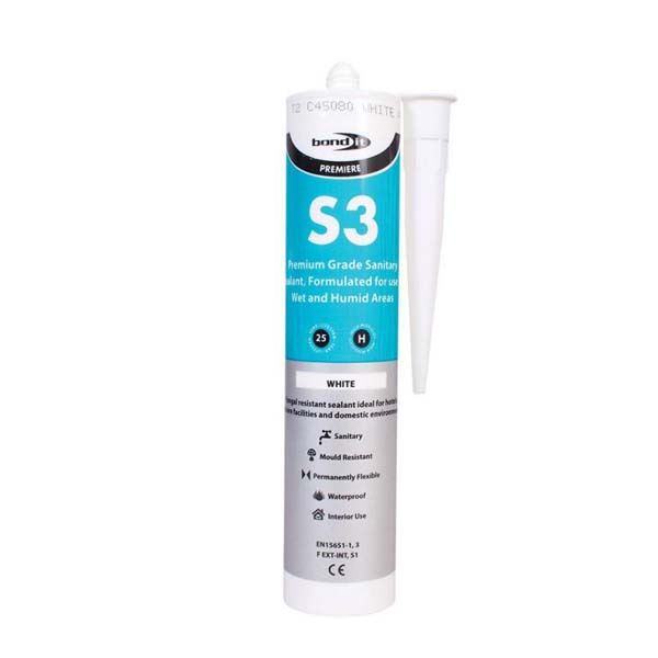 Bond It S3 All Colours 285ml Sanitary Silicone Sealant Pack of 1 Waterproof Mould Resistant for Baths Sinks Showers and Kitchens