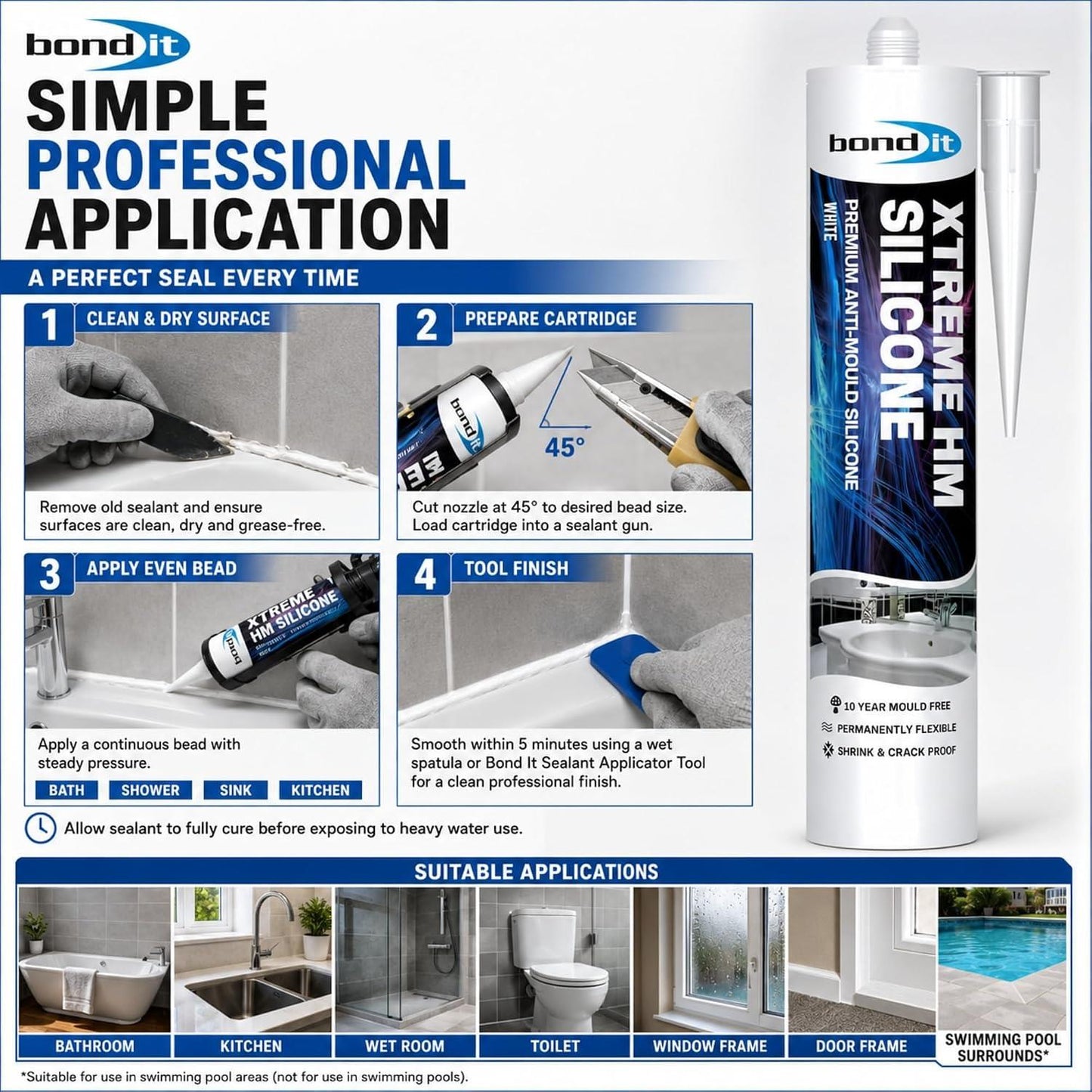 Bond It Extreme Sanitary Sealant – Anti Mould Bathroom & Kitchen Sealant, White Clear Grey