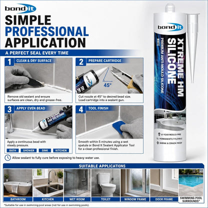 Bond It Extreme Sanitary Sealant – Anti Mould Bathroom & Kitchen Sealant, White Clear Grey