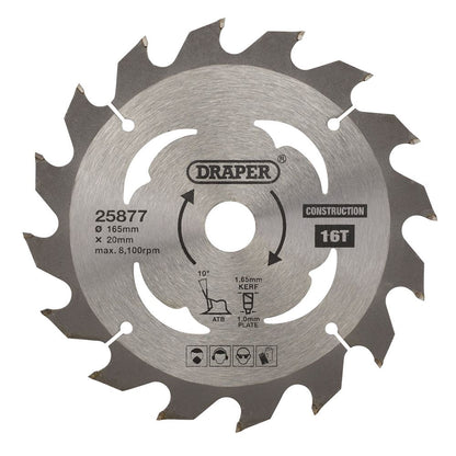 Draper TCT SAW BLADE 165MM 16T CONS 25877 TCT Cordless Construction Circular Saw Blade for Wood & Composites, 165 x 20mm