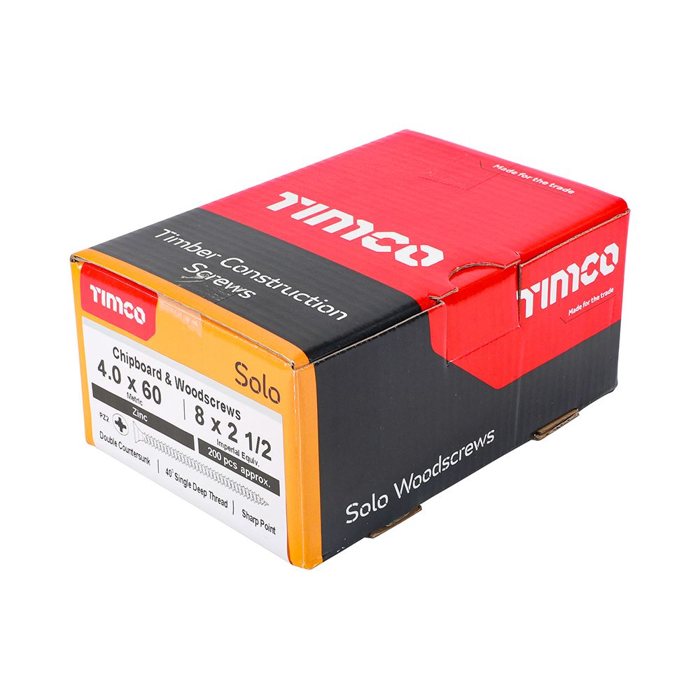 TIMCO Solo Woodscrew PZ2 CSK Zinc 4.0 x 60 Silver Pack 200
