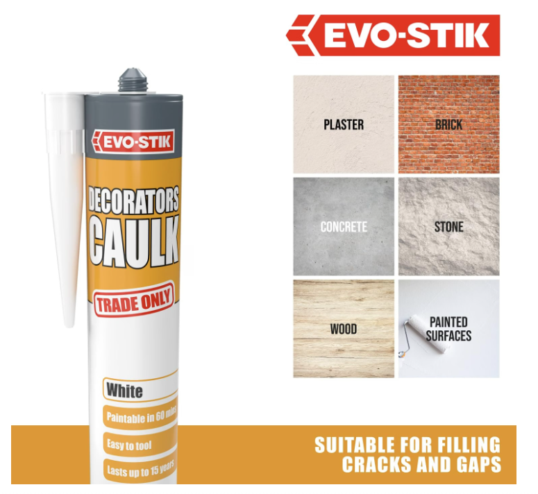 EVO-STIK Decorators Caulk White 280ml Flexible Fast Dry Paintable Gap & Crack Filler for Skirting Boards Windows Doors