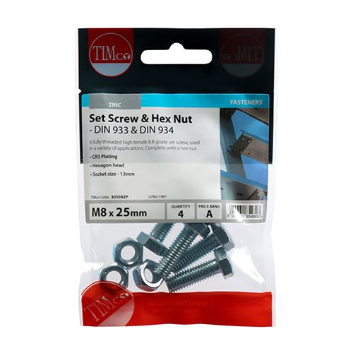 TIMCO Set Screw & Hex Nut - BZP M8 x 25 Silver Pack 4