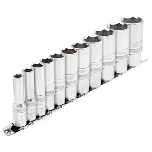 Draper 3/811PC IMP. DEEP SOCKET RAIL 16495 Imperial Deep Socket Set on a Metal Rail, 3/8" Sq. Dr. (11 Piece)