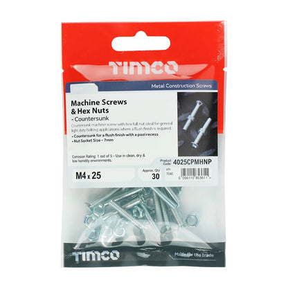 TIMCO Machine Screw & Nut CSK - BZP M4 x 25 Silver Pack 30