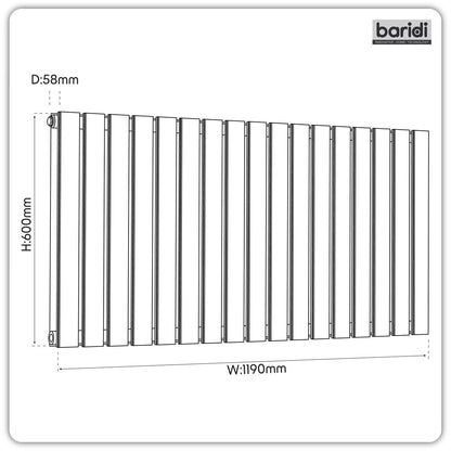 Baridi DH347 Horizontal Radiator Contemporary Double Flat Panel Design 600 x 1190mm - Black | Steel | Horizontal flat panel design delivers a BTU