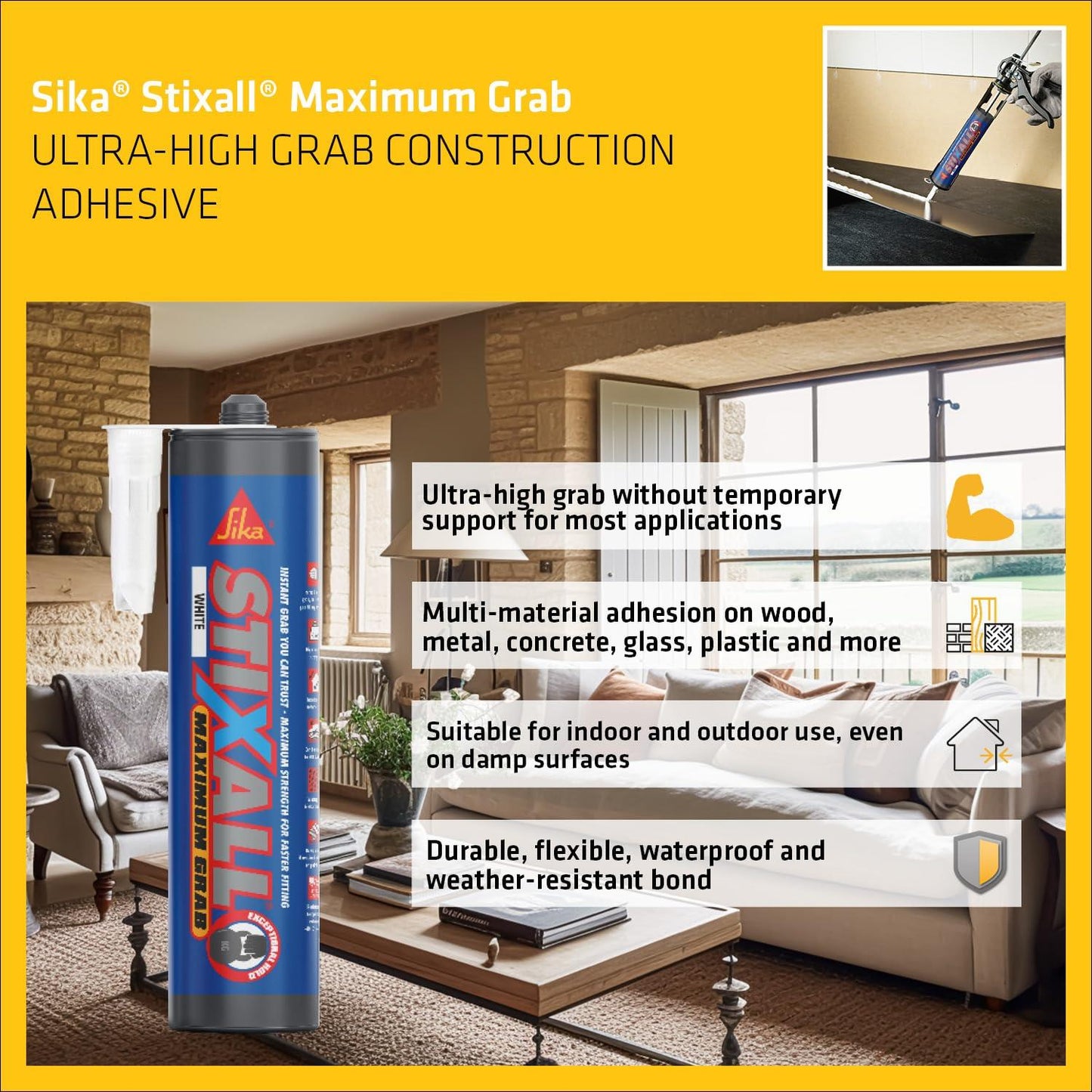 Sika Stixall Ultra White Hybrid Adhesive & Sealant – Waterproof, Flexible, Mould & Weather Resistant for Bathrooms & Kitchens