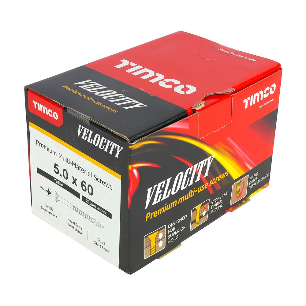 TIMCO Velocity Screw PZ2 CSK ZYP 5.0 x 60 Gold Pack 200