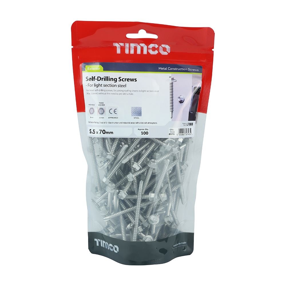 TIMCO Hex No.3 S/Drill Screw Bag SO 5.5 x 70 Silver Pack 100