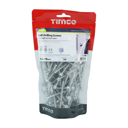 TIMCO Hex No.3 S/Drill Screw Bag SO 5.5 x 70 Silver Pack 100