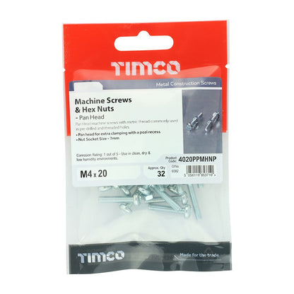 TIMCO Machine Screw & Nut PAN - BZP M4 x 20 Silver Pack 32