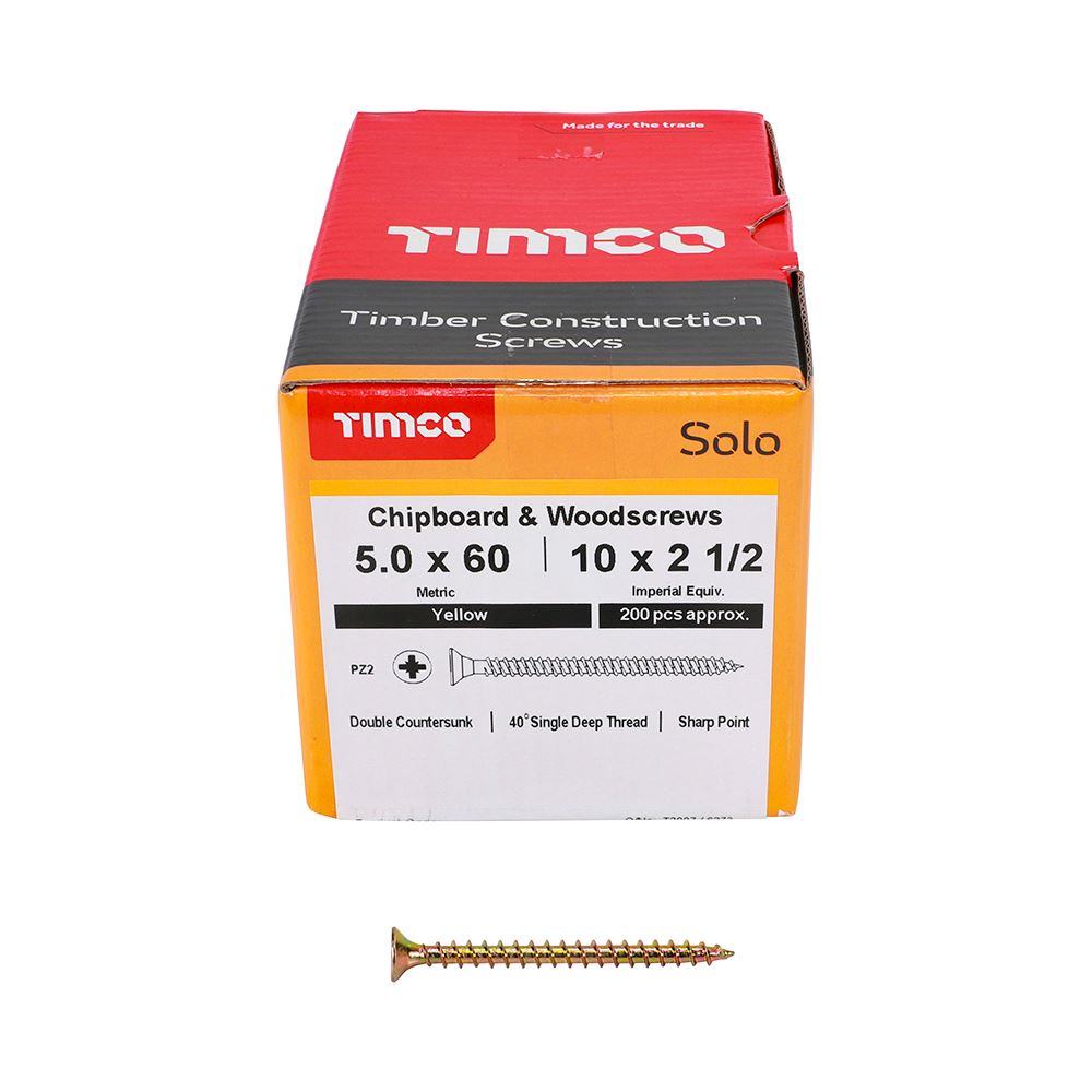 TIMCO Solo Woodscrew PZ2 CSK ZYP 5.0 x 60 Gold Pack 200