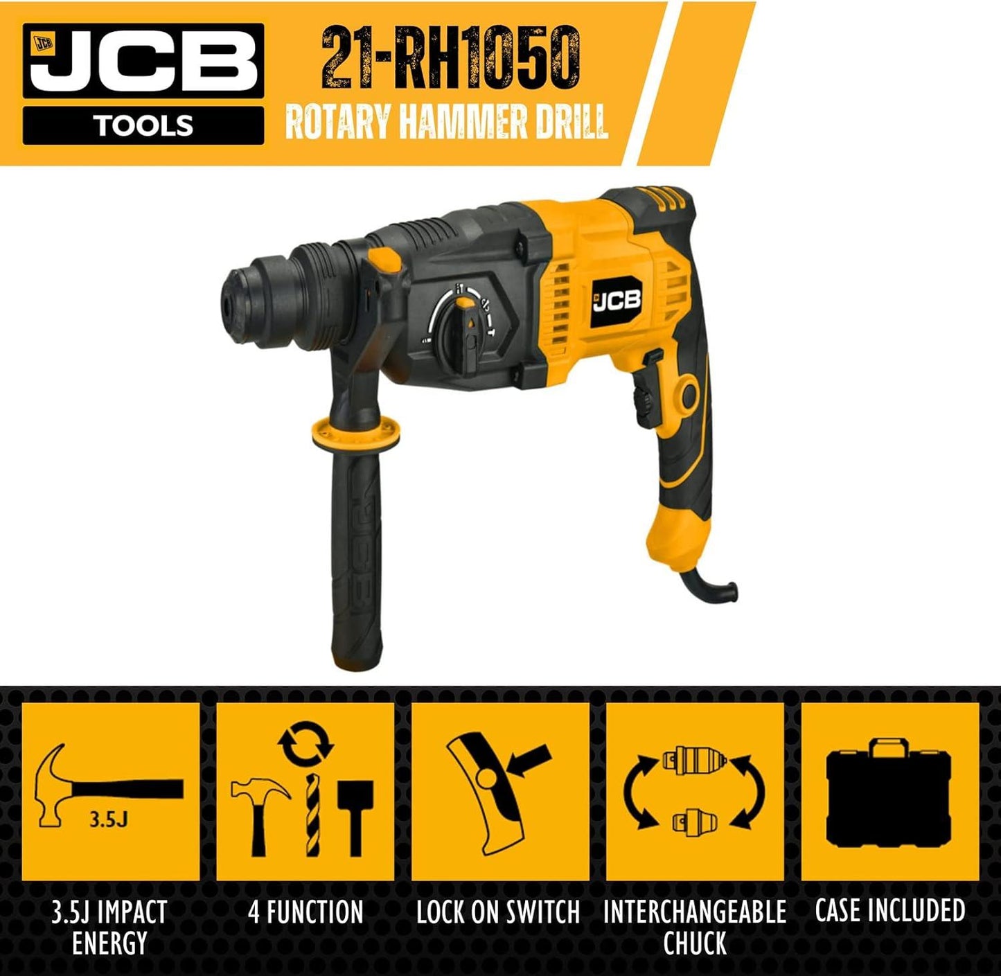 JCB 21-RH1050 1050W SDS Plus Rotary Hammer Drill 3 Mode Electric Drill for Concrete Masonry Brick Stone and Professional Construction Work