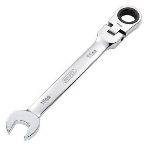 52017 Draper HI-TORQ Metric Flexible Head Ratcheting Combination Spanner, 15mm Spanner/Wrench Ratchet Spanners 200mm Professional Trade DIY Worksho