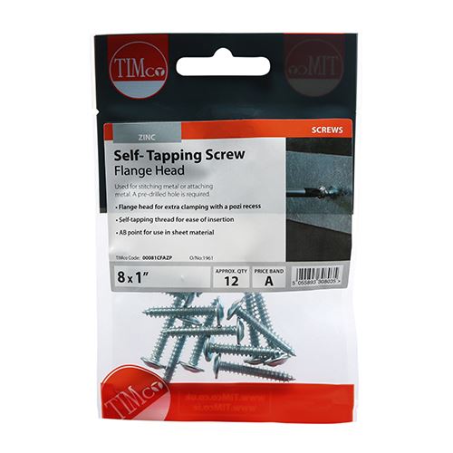 TIMCO S/Tapping Screw PZ2 FLG - BZP 8 x 1 Silver Pack 12