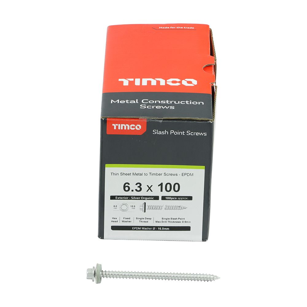 TIMCO Hex Screw W16 Slash EXT 6.3 x 100 Silver Pack 100