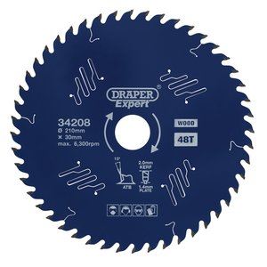 Draper TCT SAW BLADE 210MM 48T 34208 TCT Circular Saw Blade for Wood with PTFE Coating