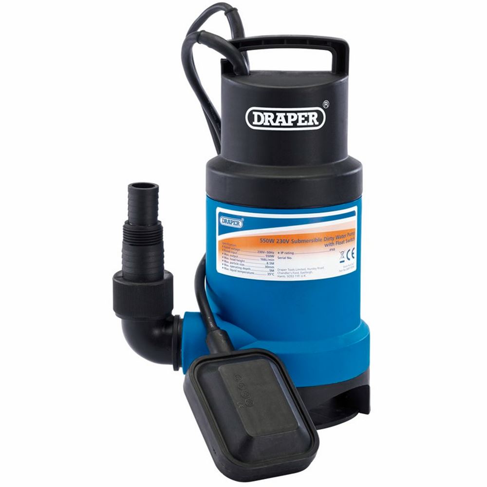 61621 Draper Submersible Dirty Water Pump with Float Switch, 166L/min, 550W SWP170DW Submersible Water Pumps Professional Trade DIY Workshop Garage