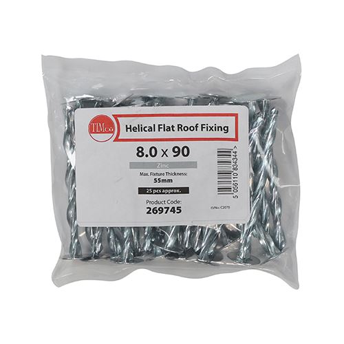 TIMCO Helical Flat Roof Fixing Zinc 8.0 x 90 Silver Pack 25