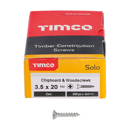 TIMCO Solo Woodscrew PZ2 CSK Zinc 3.5 x 20 Silver Pack 200