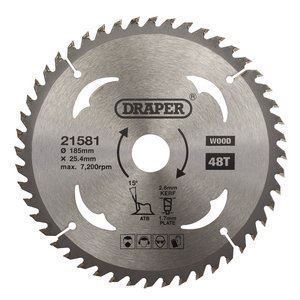 Draper TCT SAW BLADE 185MM 48T WOOD 21581 TCT Circular Saw Blade for Wood, 185 x 25.4mm