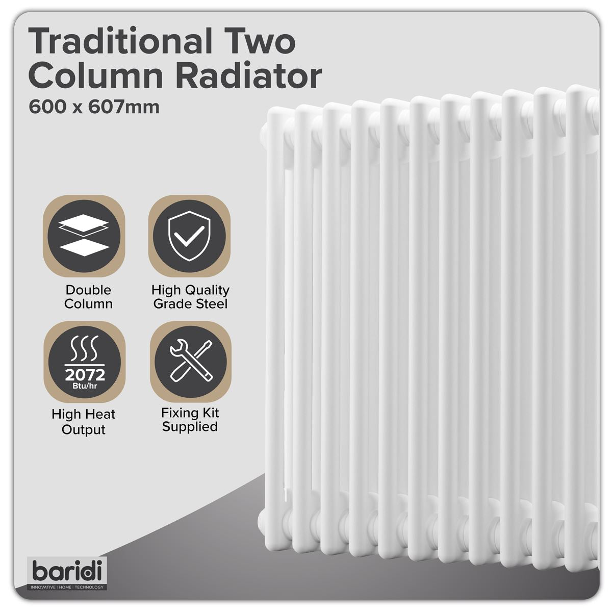 Baridi DH367 Horizontal Traditional 2 Column Radiator 600 x 607mm - White | Steel | Horizontal traditional two column radiator delivers a BTU output