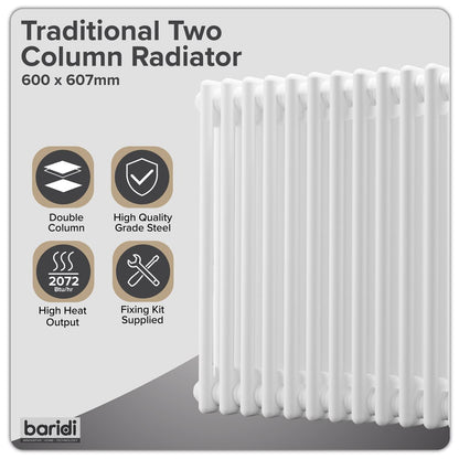 Baridi DH367 Horizontal Traditional 2 Column Radiator 600 x 607mm - White | Steel | Horizontal traditional two column radiator delivers a BTU output