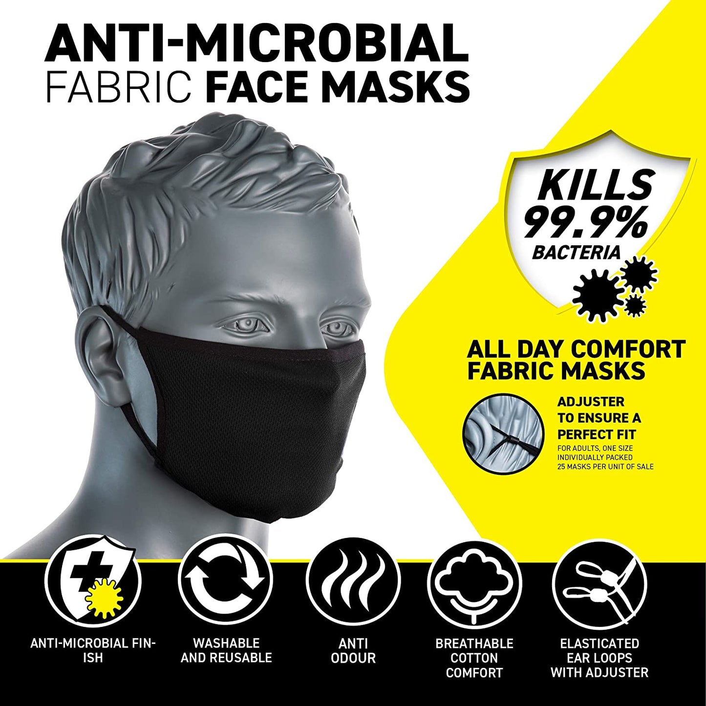 PORTWEST CV22 CV22 BLACK 2-Ply Anti-Microbial Fabric Face Mask