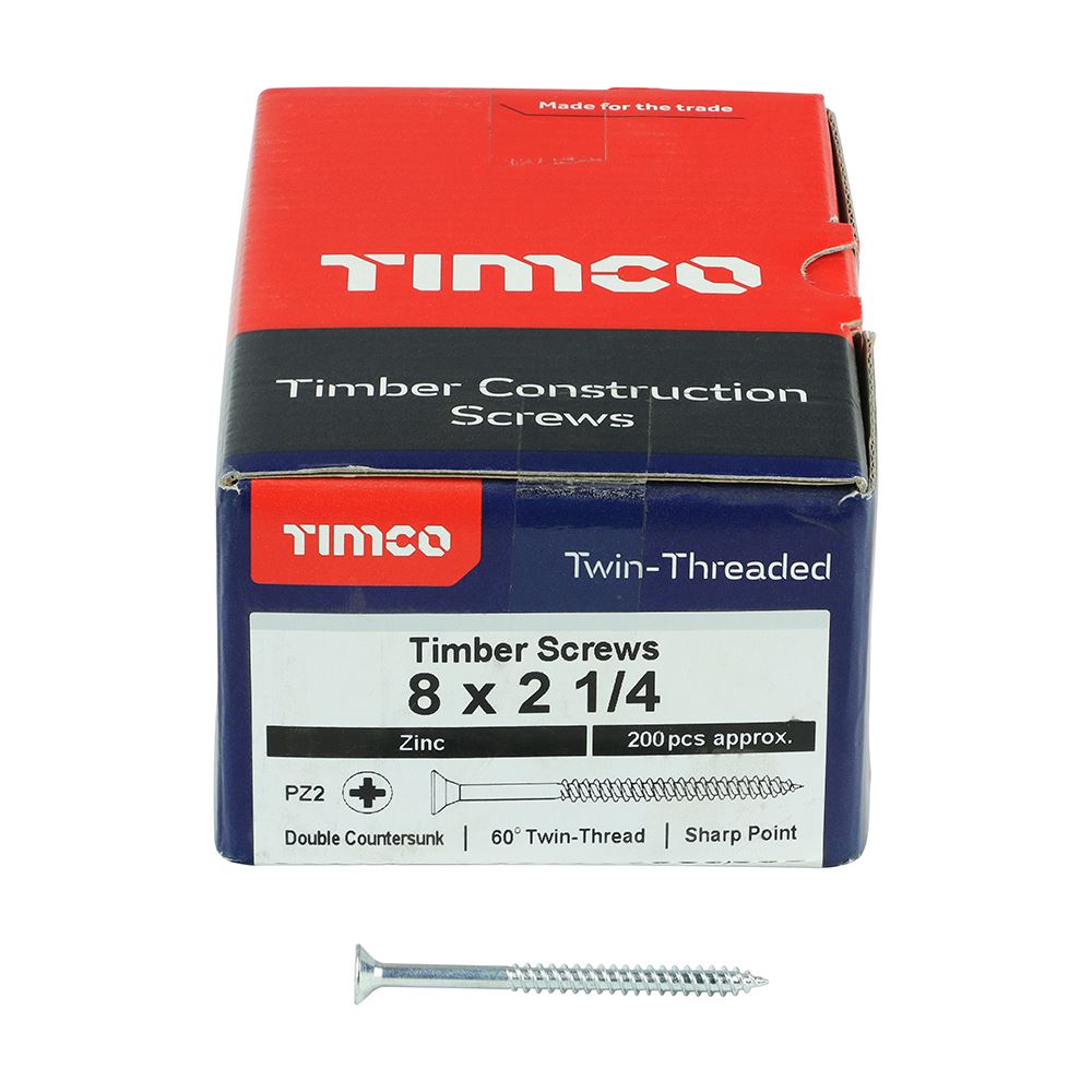 TIMCO Twin Woodscrew PZ2 CSK Zinc 8 x 2 1/4 Silver Pack 200