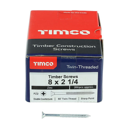 TIMCO Twin Woodscrew PZ2 CSK Zinc 8 x 2 1/4 Silver Pack 200