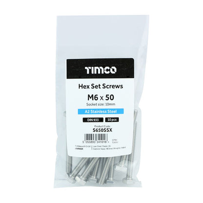 TIMCO Set Screws DIN 933 A2 SS M6 x 50 Pack 10