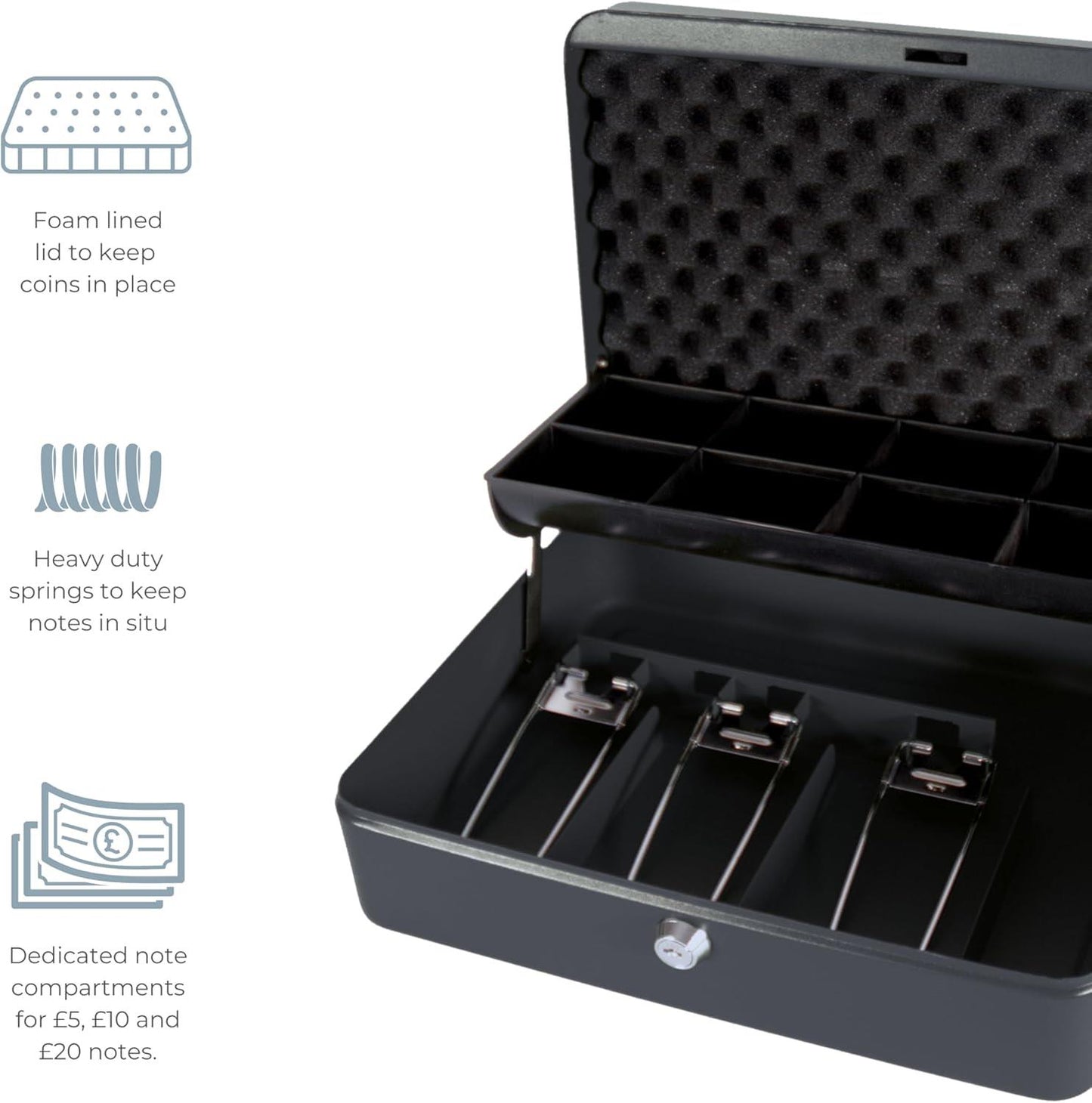 Cathedral Products | "The Ultimate Cash Box" with Foam Lining and Cantilever Coin Tray - Black