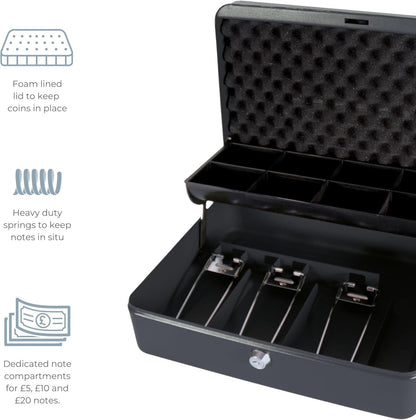 Cathedral Products | "The Ultimate Cash Box" with Foam Lining and Cantilever Coin Tray - Black