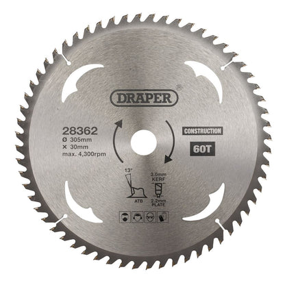 Draper TCT SAW BLADE 305MM 60T CONS 28362 TCT Construction Circular Saw Blade, 305 x 30mm
