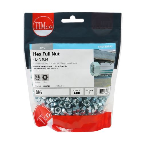 TIMCO Hex Nut DIN 934 - BZP M6 Silver Pack 600