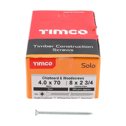 TIMCO Solo Woodscrew PZ2 CSK Zinc 4.0 x 70 Silver Pack 200