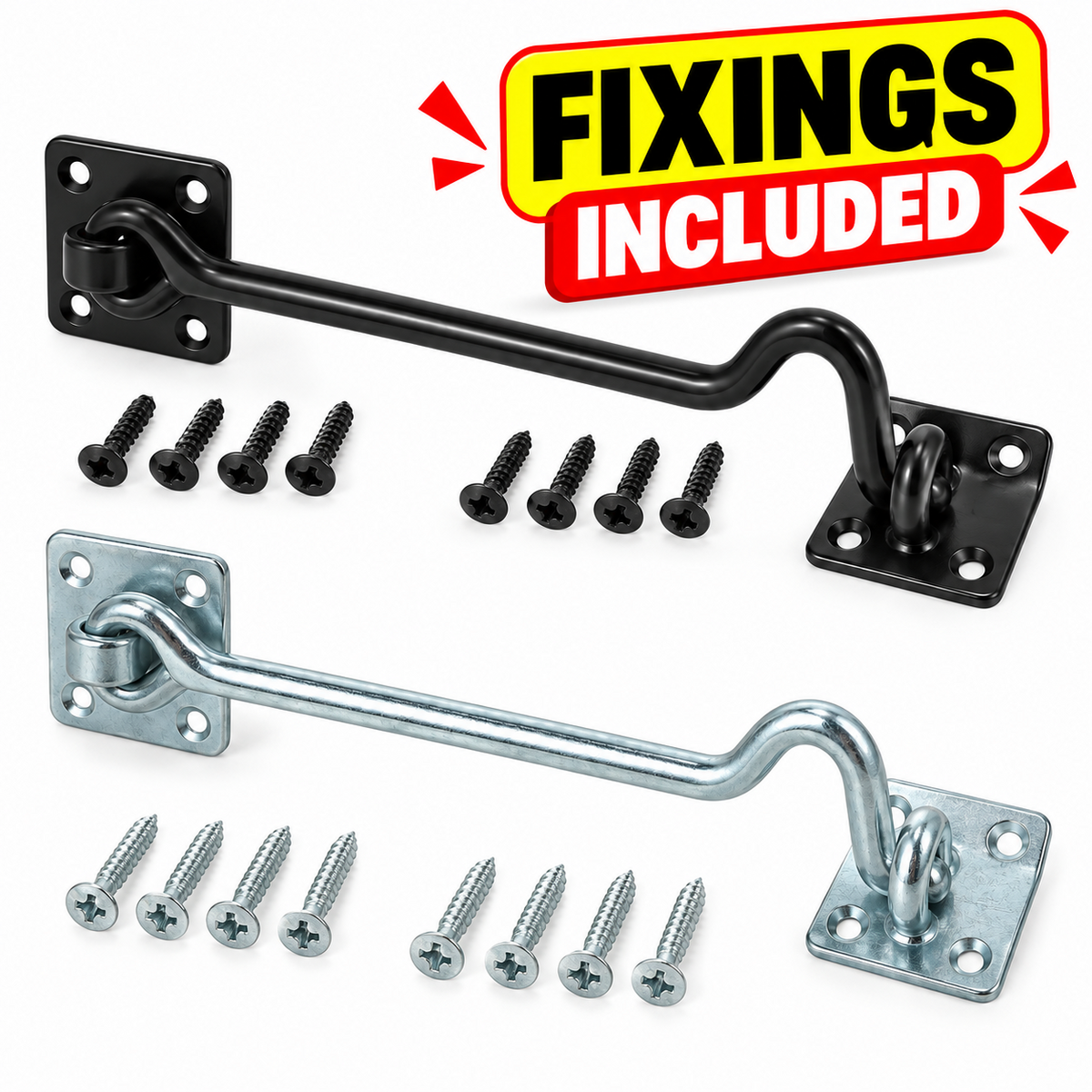TIMCO Wire Pattern Cabin Hooks Black or Zinc 4in to 8in Carbon Steel Door and Gate Hold Open Fittings 1 Pack - Fixings Included