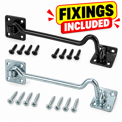 TIMCO Wire Pattern Cabin Hooks Black or Zinc 4in to 8in Carbon Steel Door and Gate Hold Open Fittings 1 Pack - Fixings Included